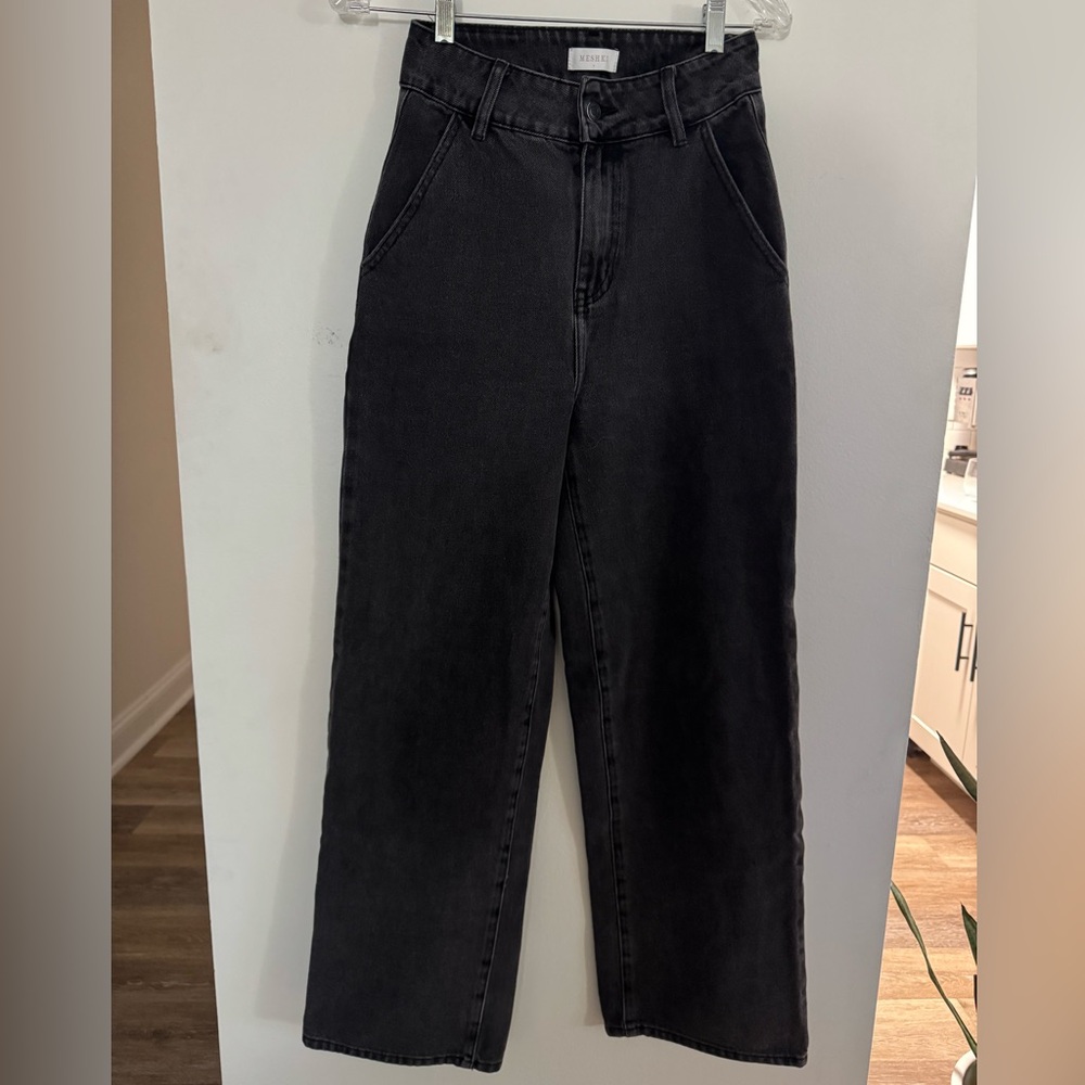 MESHKI Washed Black Denim Wide Leg Pants High Rise Size 7